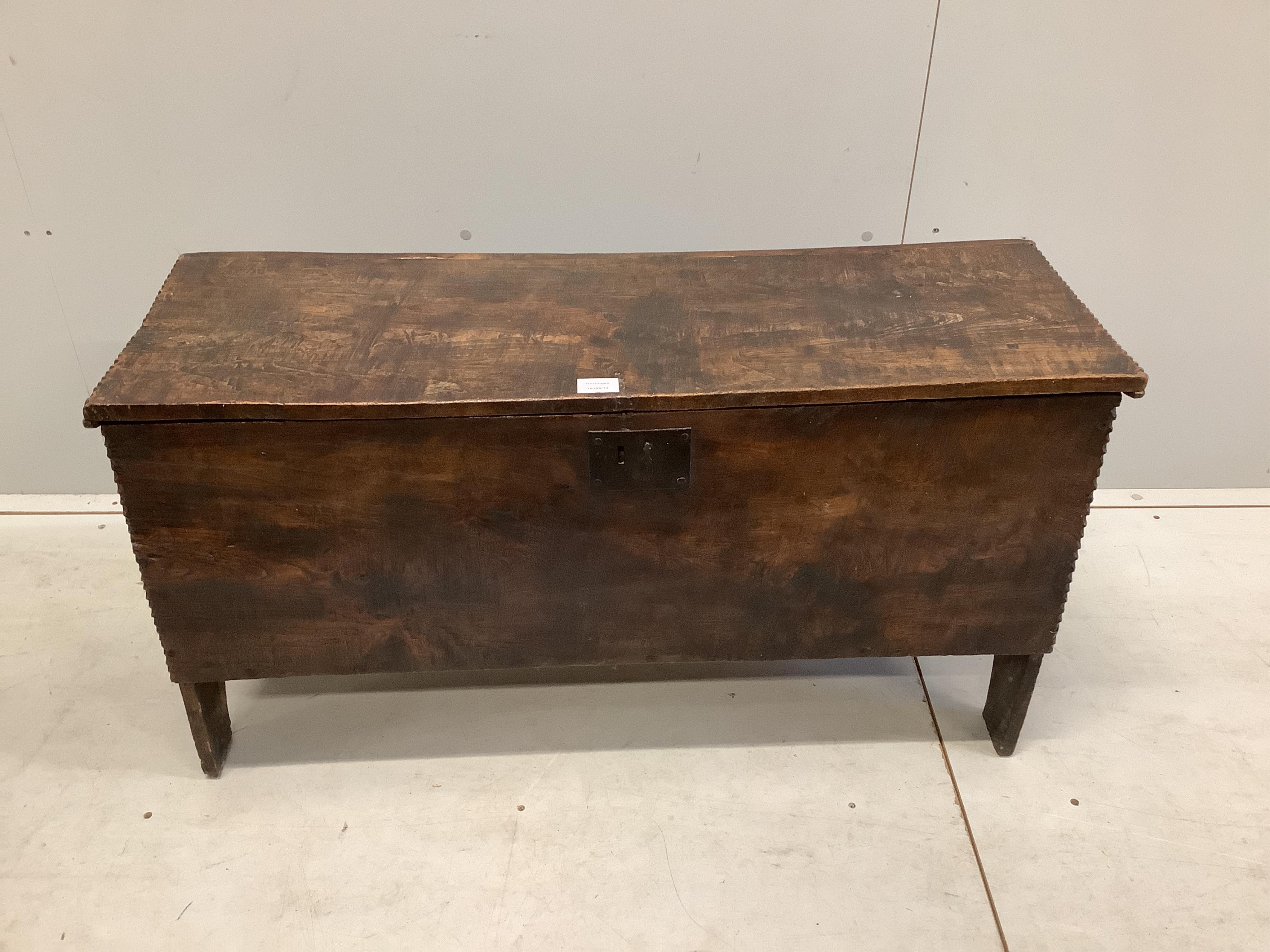 A late 17th century elm six plank coffer, width 102cm, depth 36cm, height 55cm. Condition - poor to fair